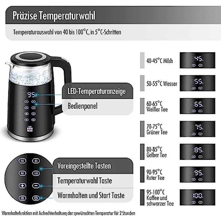 Forme Glas Wasserkocher 1,7 Temperatureinstellung Temperaturwahl 40-100°C LED Smart Digital Temperaturanzeige BPA FREI Einstellbar Glaskessel I Edelstahl Glaswasserkocher Teekessel Warmhaltefunktion - Preisvergleich – Bild 2