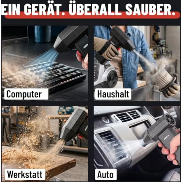 ABSINA Druckluft Staubgebläse, wiederaufladbar mit 110.000 U/min, 4 Düsen, kabelloses Akku Gebläse, 120W Motor, leicht und kompakt – Bild 5