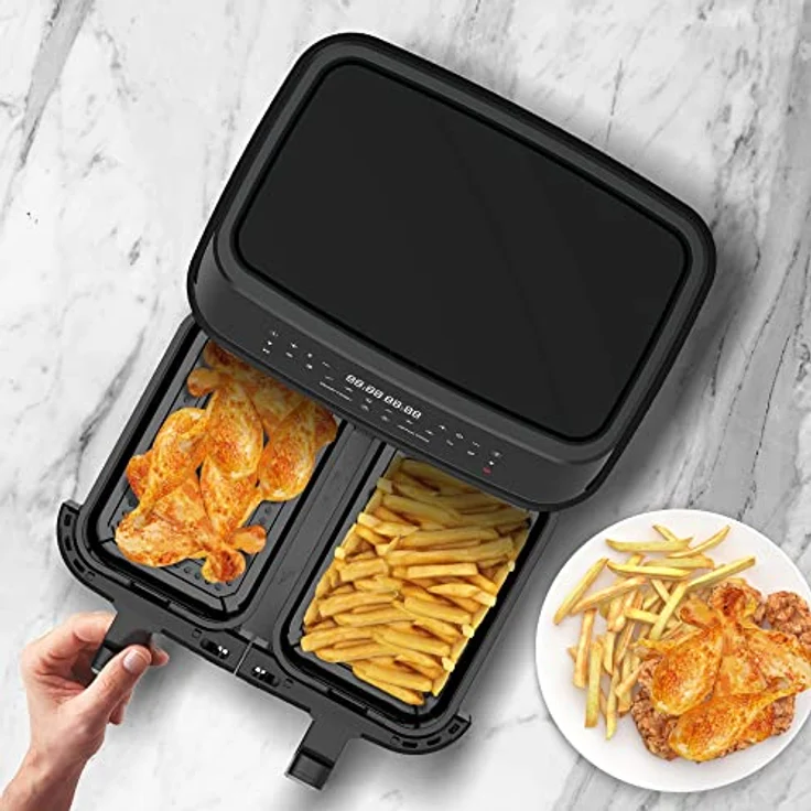 TurboTronic Heißluftfritteuse XXL doppel Airfryer 1600W / 9L (2x 4,5L Kammer) 10 Programme digitale Heißluft Fritteuse ohne Fett Öl Dual Luftfritteuse Air Friteuse Power Black – Bild 4