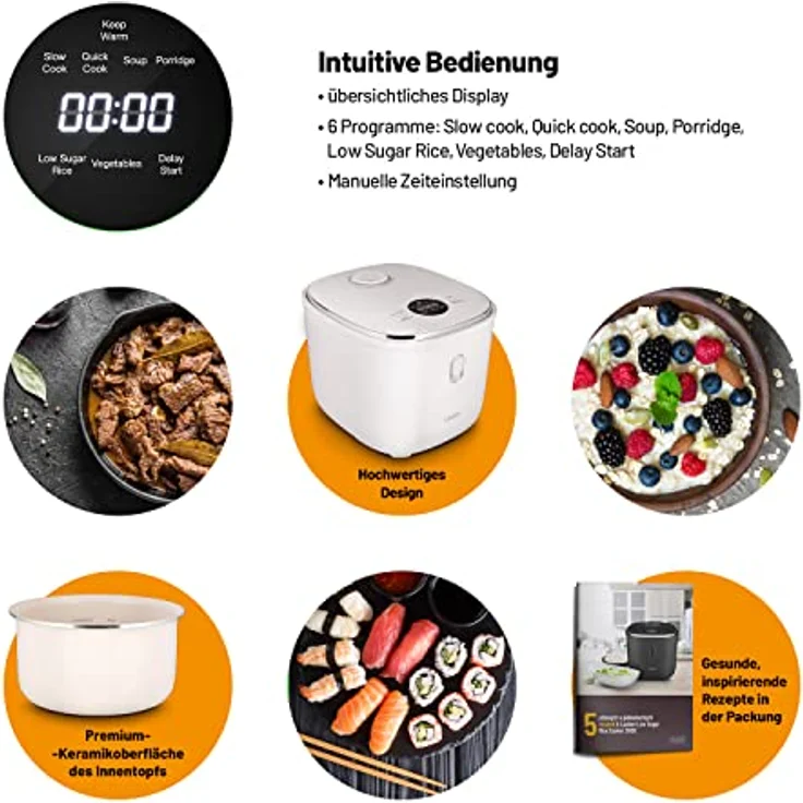 Lauben Low Sugar Reiskocher Rice Cooker 3000 mit Low-Sugar-Funktion, 3l Volumen, 6 modi, verzögerter Start, Warmhalten, Antihaft-Keramikoberfläche spülmaschinengeeignet, Kochbuch, Überlaufschutz (Weiß) – Bild 3