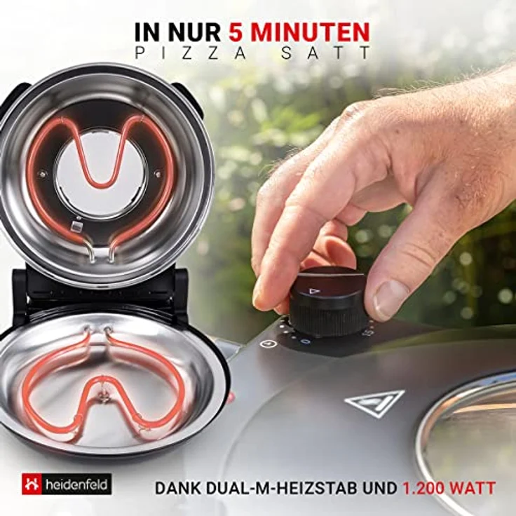 Heidenfeld elektrischer Pizzaofen Napoli 1.200 Watt, max. 400°C, Drehregler, Überhitzungsschutz, Sichtfenster, schwarz  – Bild 3