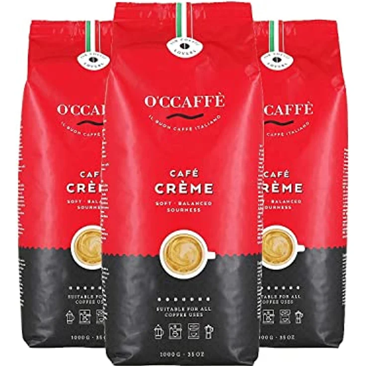 O'CCAFFÈ – Café Crème , 3 x 1 kg ganze Kaffeebohnen , säurearmer, aromatischer Kaffee Crema , extra langsame Trommelröstung aus italienischem Familienbetrieb – Bild 2