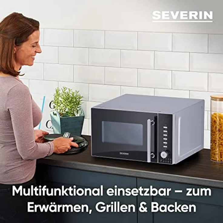 Severin MW 7773 Mikrowelle mit Grill, 20 Liter, 800 Watt, Standgerät, Heißluft, Grill, Pizzastufe, schwarz, silber – Bild 3