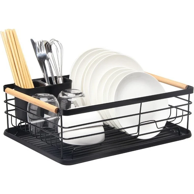 Cheffinger Geschirrständer mit Tropfschale & Holzgriffen, Abtropfgestell in Schwarz, 43 x 32 x 14 cm, inklusive herausnehmbarem Besteckhalter und abnehmbarer Abtropfschale