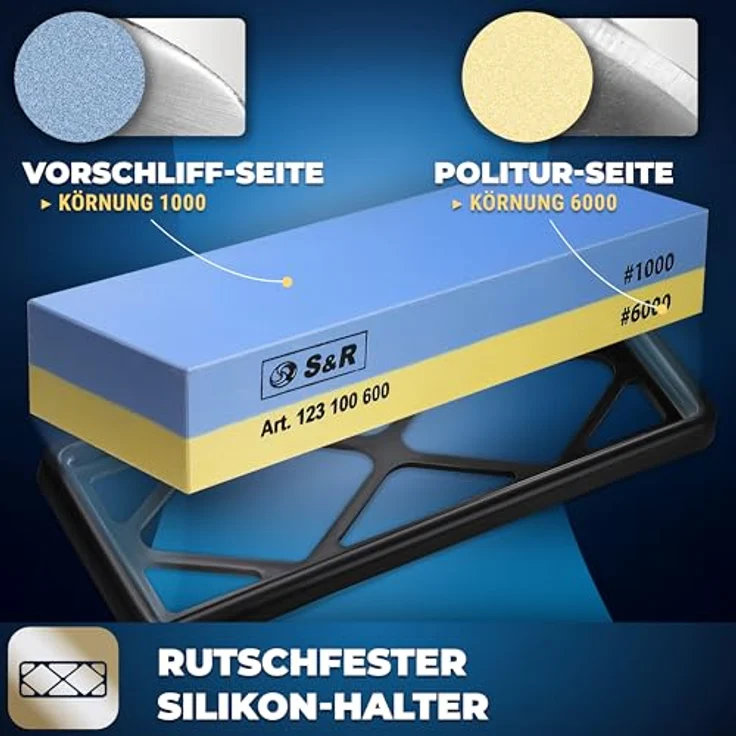 S&R Doppelseitiger Schleifstein, 18 x 6 x 3 cm, Körnung 1000/6000, inkl. Schleifhilfe und rutschfestem Silikon-Halter – Bild 3