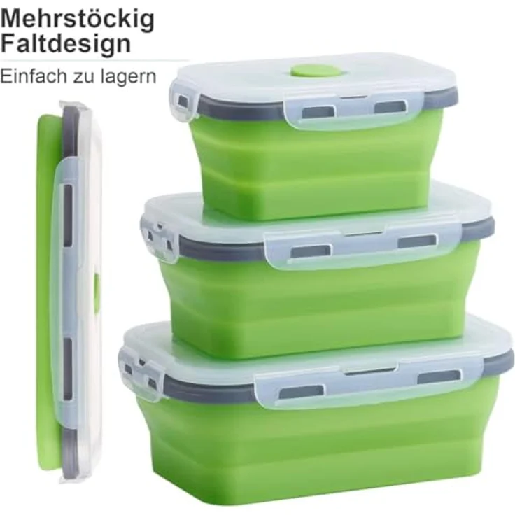 König Design Faltbare Frischhalteboxen 4 Stück aus Silikon - Set mit 4 unterschiedlichen Größen, auslaufsicher, 4-fach-Klick-Verschluss (Grün) – Bild 4