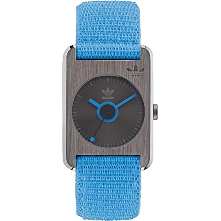 Adidas Retro Pop One Unisex Armbanduhr, Edelstahl 31 mm, blaues Textilarmband, 3 bar Wasserdichtigkeit, schwarzes Zifferblatt, Modell ADSO 100