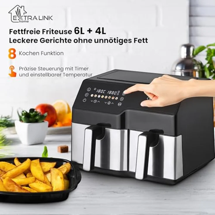 Extralink Home Luftfriteuse SJ-1000, 10L (6L+4L) Heissluftfritteuse mit 2500W und Fettreduzierung um bis zu 90% – Bild 3