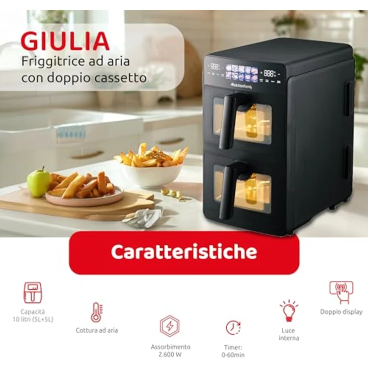 Melchioni Heißluftfritteuse Giulia, 10 Liter Doppelschublade, 2600 W mit digitalem Farbdisplay – Bild 4