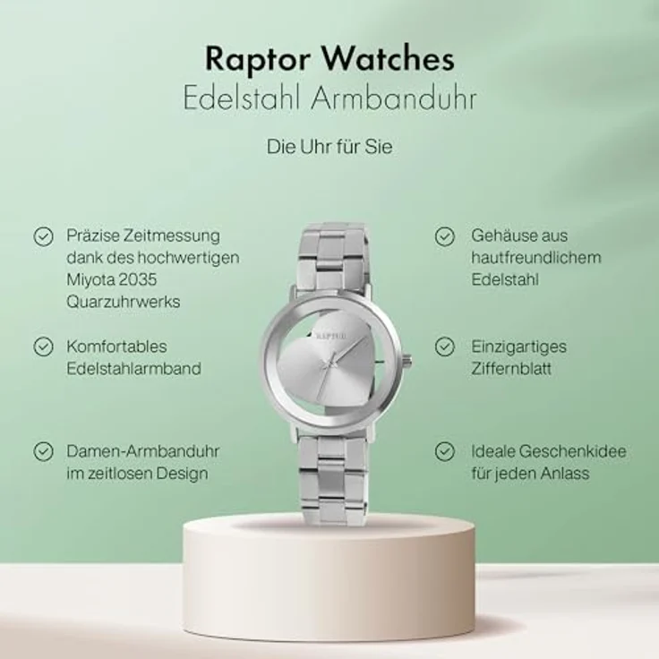 Raptor Hanna Damen-Uhr Edelstahl Gliederarmband Faltschließe Analog Quarz RA10233 (silberfarbig) - Hochwertiges Miyota 2035-Uhrwerk – Bild 2