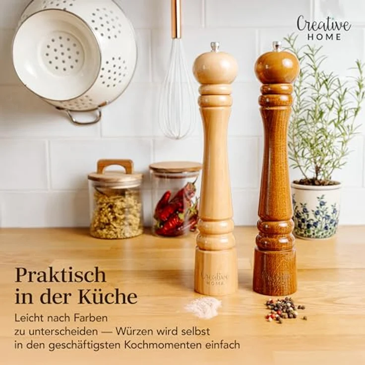 Creative Home Salz Pfeffermühle und Pfeffermühle Set aus Buchenholz, 31,5 cm Höhe mit manuellen Metallmahlwerk und Mini-Holzschaufel, ideal für Gewürze – Bild 3