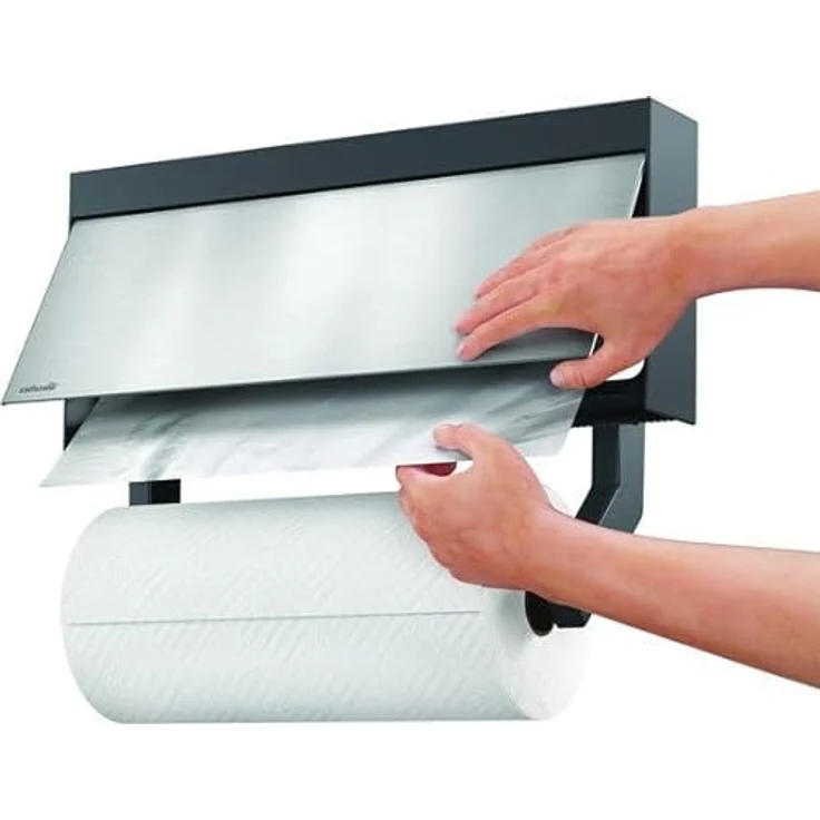 Metaltex Tango. Dreifach-Wandrollenhalter für die Küche aus Edelstahl. Industrieller Spender für Küchenpapier, Alufolie und Frischhaltefolie mit Stauraum. Abmessungen 38 x 6 x 17 cm. – Bild 4