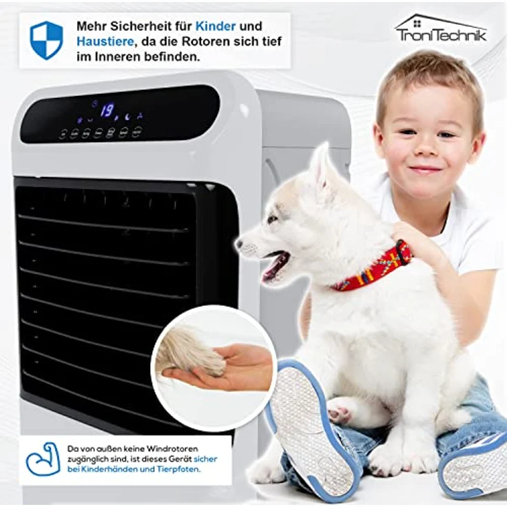 TroniTechnik Ventilatorkombigerät LK06 Aircooler, 10L Wassertank, 5in1 Ventilator, Ionisator, Fernbedienung, Timer, Kühlakku, Oszillation, Weiß – Bild 10