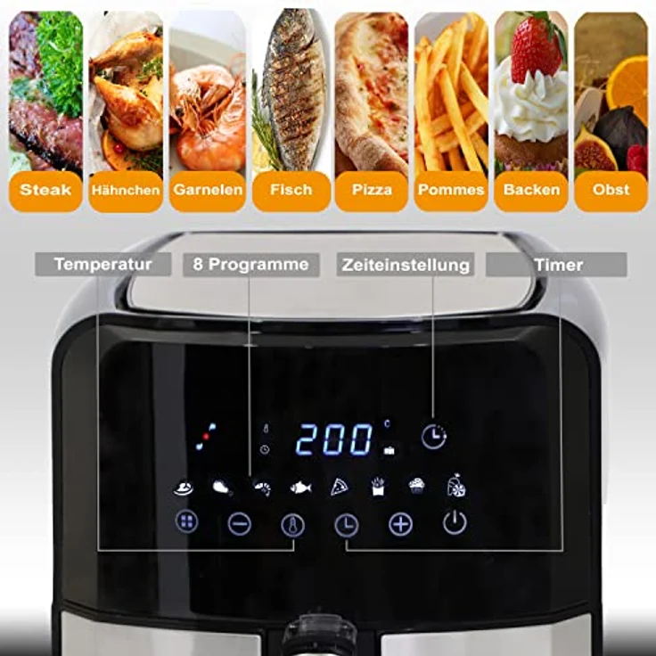 TZS First Austria Heißluftfritteuse 5 L, Antihaft-Edelstahlkorb, Airfryer, digital, 8 Programme, 1700W, 60-Minuten-Timer, ohne Fett - Backen, Frittieren, Grillen, Rösten – Bild 4