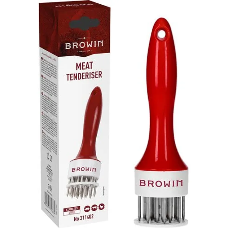 Browin 311402, Weichmachen von Fleisch, Zubereiten von Steaks, Runde Form, Rostfreier Stahl Fleischzartmacher, Edelstahl, Weiß Rot, M