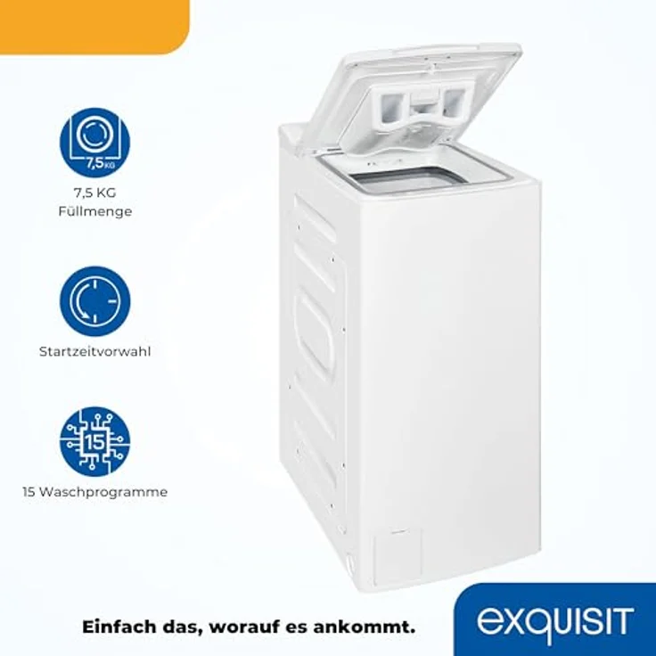 Exquisit LTO1207-030A, Toplader Waschmaschine 7,5 kg, Energieklasse A, 1200 U/Min, weiß, Startzeitvorwahl, Kurzprogramm – Bild 3