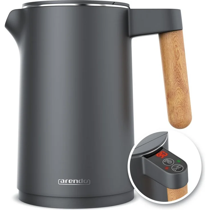Arendo Wasserkocher Edelstahl WOOD STYLE, 1,5 l mit 7-stufiger Temperatureinstellung 40° - 100 °C, Doppelwand, Warmhaltefunktion, 2200 W, BPA-frei, 360° Basis