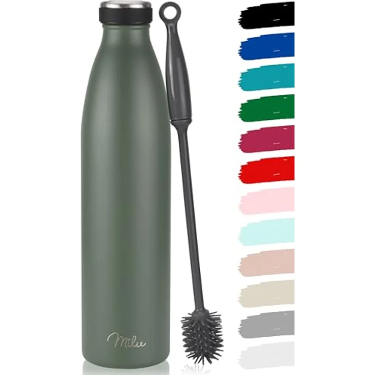 Milu Edelstahl Trinkflasche 1.5L, doppelwandige Thermosflasche, auslaufsicher, für kohlensäurehaltige Getränke, Olivgrün, inkl. Reinigungsbürste – Bild 1