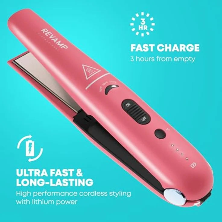 REVAMP Liberate Kabelloser Haarglätter - Rosa, Keramik-Ionen-Flacheisenplatten, Reiseschloss, hitzebeständige Reisetasche – Bild 2