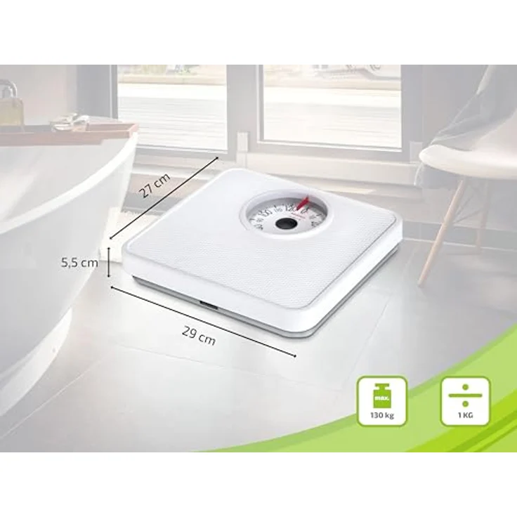 Soehnle Analoge Personenwaage Tempo White mit 130 kg Tragkraft, Körperwaage mit Vollsichtskala in 1, kg, Teilung, Waage mit praktischem Justierrad – Bild 3