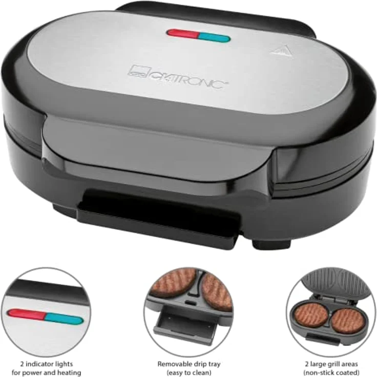 Clatronic HBM 3696 Hamburger-Grill, 2 große Grillflächen, 2 Kontrollleuchten, herausnehmbarer Fettauffangbehälter – Bild 5