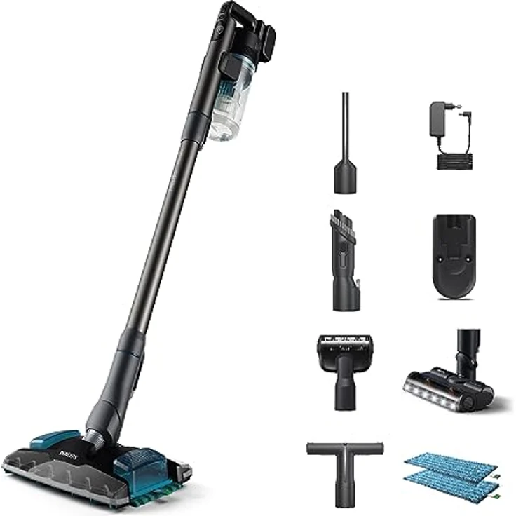 Philips Kabelloser Akku-Staubsauger Aqua Plus 8000 Serie XC8055/01, Staubsaugen und Wischen, PowerCyclone 12, PrecisionPower Smart-Düse mit LEDs, bis zu 80 Minuten Laufzeit, Blau – Bild 1