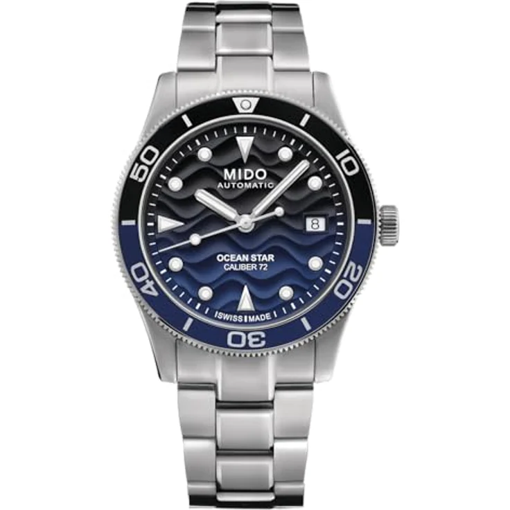Mido Ocean Star 39, Unisex Automatikuhr mit Edelstahlgehäuse, 20 ATM wasserdicht, schwarz/blau Zifferblatt, Schweizer Automatikwerk Mido Kaliber 72 – Bild 1