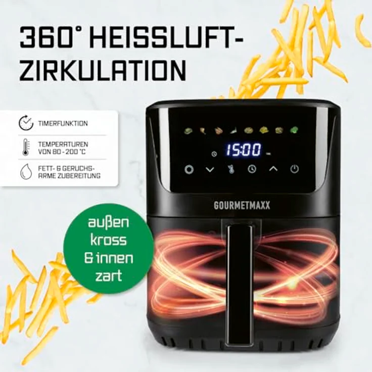 GOURMETmaxx Heißluftfritteuse 6,5 L, 1600 W schwarz – digitale Airfryer mit LED-Touchdisplay, Timer und 8 Programmen für fettfreies Frittieren, Grillen und Backen – Bild 4