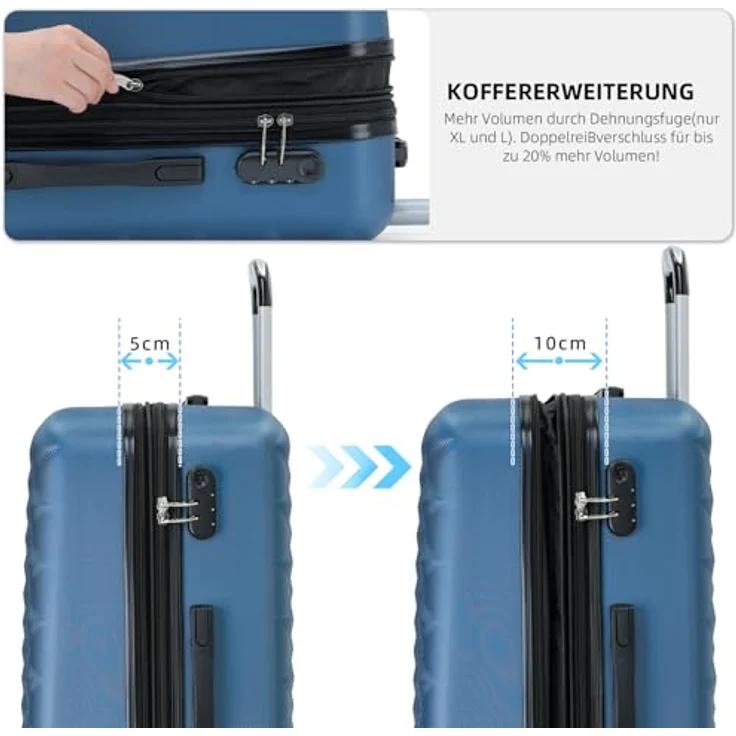 BEIBYE Kofferset 4 Zwillingsrollen Hartschale Trolley, Handgepäck M (55x34x22cm) mit Sicherheits-Zahlenschloss, in Blau – Bild 2