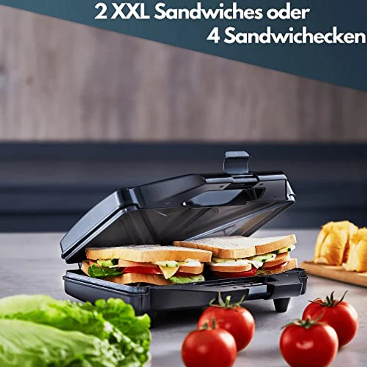 Steinborg SB-2110 Sandwich-Maker, 1200 Watt, für 2 Sandwiches, Thermostat, Backampel, antihaftbeschichtet, Cool-Touch-Gehäuse, schwarz, silber – Bild 2