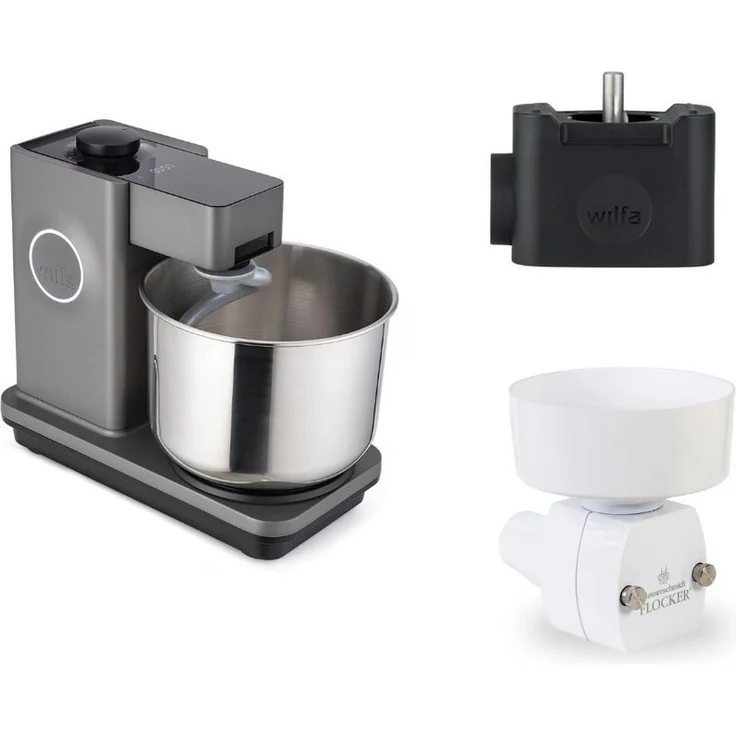 Wilfa Küchenmaschine Probaker Timer KM2GY-T70, 700 Watt mit 7-Liter-Edelstahl-Schüssel, grau + Tool-Adapter + Messerschmidt Flockervorsatz