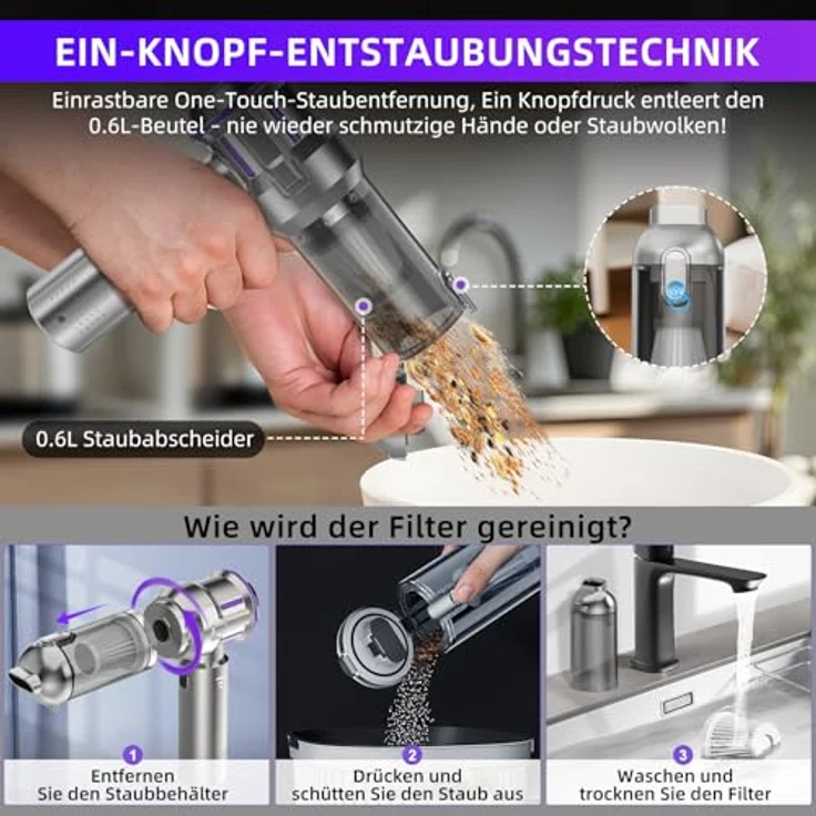 CUGEFRE Handstaubsauger, 25000Pa Kabellos mit 1-Knopf-Selbstentleerung, 4-in-1 Multifunktion, Bürstenloser Motor, 3 Saugstufen, Ideal für Auto und Haushalt – Bild 3