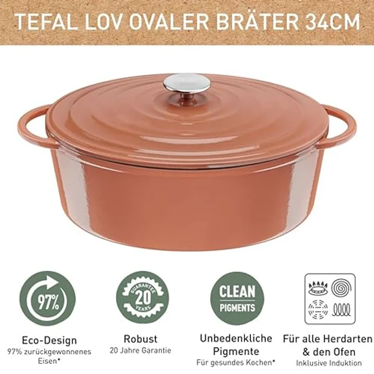 Tefal E26006 LOV Ovaler Bräter 34 cm | wiedergewonnenes Gusseisen | optimale Wärmespeicherung | für alle Herdarten | induktionsgeeignet | backofengeeignet bis 250°C | spülmaschinenfest | Terracotta – Bild 5