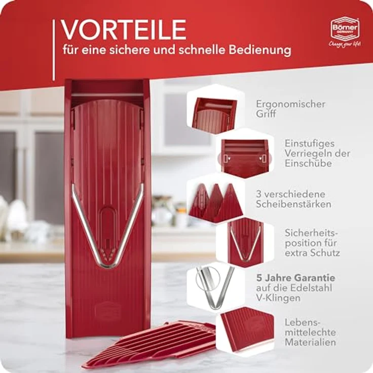Börner Gemüsehobel V1 ClassicLine Basis Set, Kunststoff, nur zum Schneiden von Scheiben rot – Bild 7