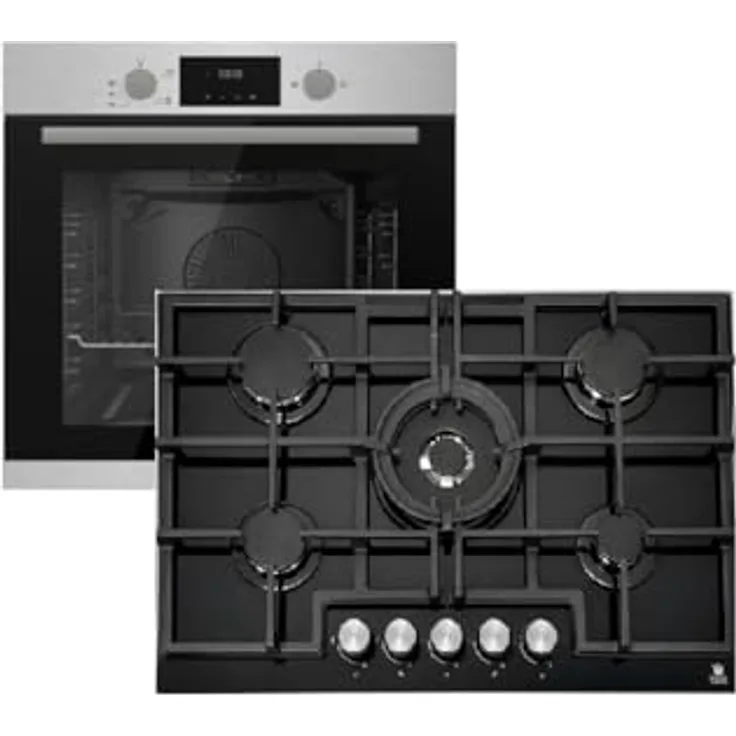 Gasline Gasherdset GB850-FIX, 75 cm Gaskochfeld Schwarz mit 5 Brennern, WOK-Brenner 4,2 kW, Umluft Einbaubackofen 69 Liter, Automatikzündung und Gusseisen Topfträger