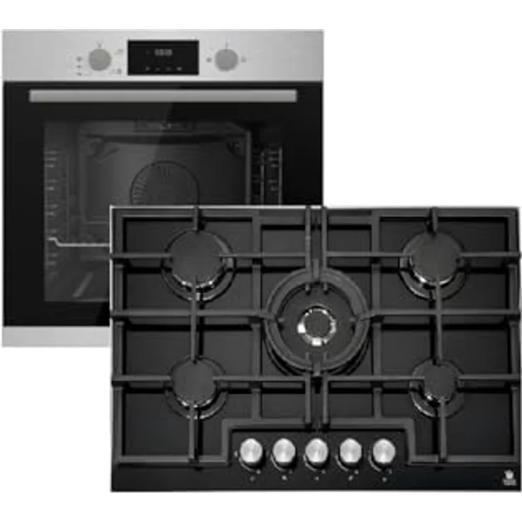 Gasline Gasherdset GB850-FIX, 75 cm Gaskochfeld Schwarz mit 5 Brennern, WOK-Brenner 4,2 kW, Umluft Einbaubackofen 69 Liter, Automatikzündung und Gusseisen Topfträger – Bild 1