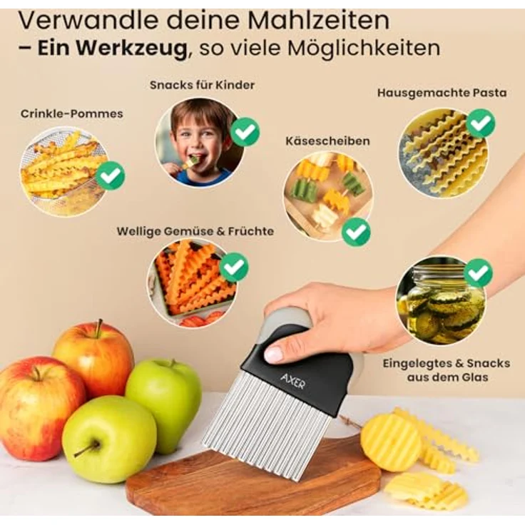 Axer® Riffelmesser Wellenschneider, Gemüse- und Pommesschneider für BLW, ergonomisch aus Edelstahl, spülmaschinenfest – Bild 2