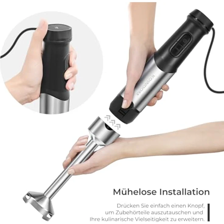 Kowdom 1200 Watt Stabmixer, Edelstahl Pürierstab mit 12 Geschwindigkeitsstufen und Turbofunktion, inklusive 800ml Mixbecher, spülmaschinenfest und platzsparend – Bild 4