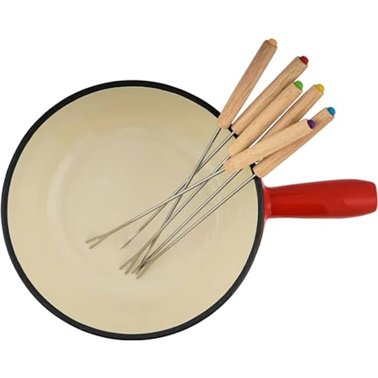 BBQ-Toro Gusseisen Fondue Set für 6 Personen | 2 Liter | Fondueset 9 teilig mit Brenner und Gabeln | Fondue-Set, Käsefondue Set, Fleischfondue Set, Schokofondue Set (rot/creme emailliert) – Bild 4