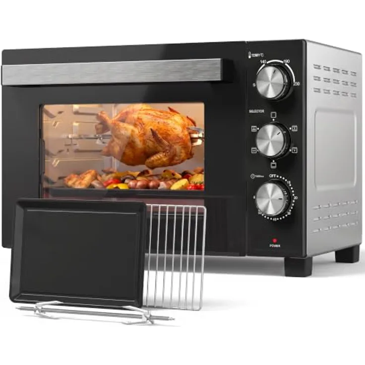HOMCOM Mini Backofen mit Umluft, 36L, Drehspieß, 1500W, Silber, 90–230℃, 60 Min. Timer