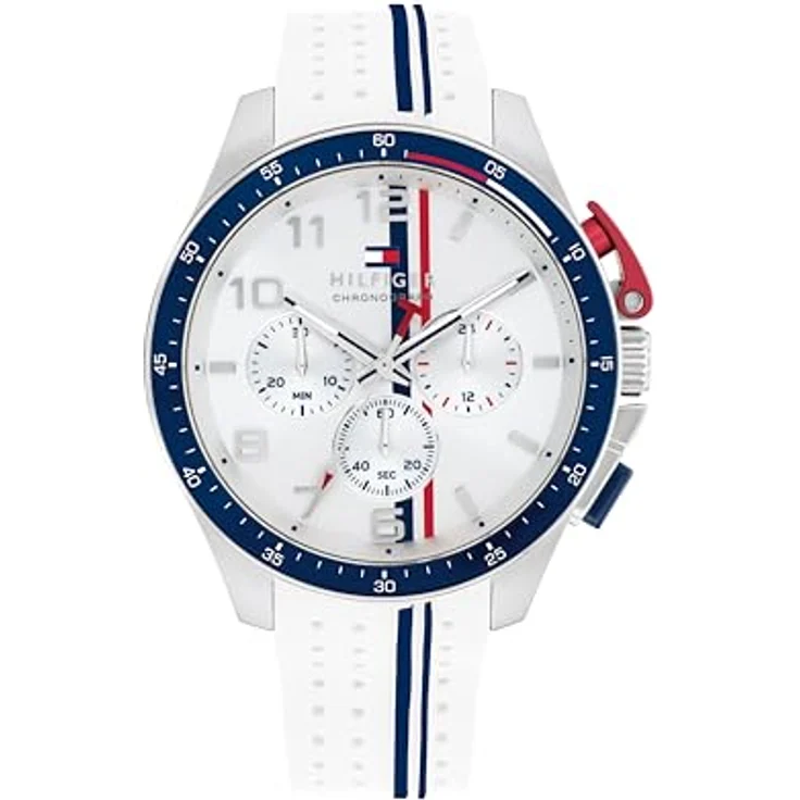 Tommy Hilfiger Chronograph Herren Quarz Uhr mit blauem Aluminium-Lünettenring, rotem Drückerschutz und weißem Silikonarmband, wasserfest bis 5 ATM – Bild 1