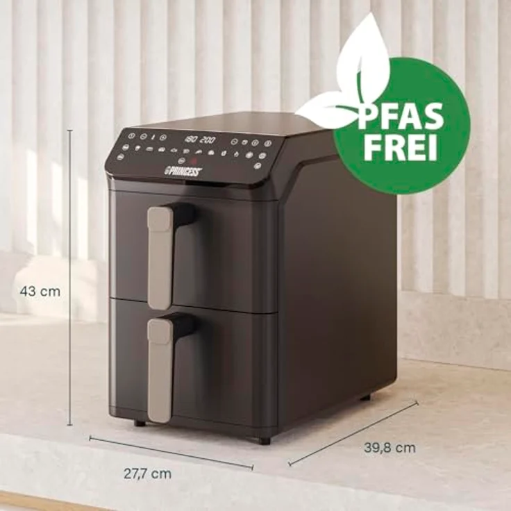 Princess Stack Heißluftfritteuse, Doppelte Fritteuse mit 11,2 L Kapazität, 3000 W, Vertikales Design, Sync-Funktion, PFAS-frei, Digitale Steuerung, Schwarz – Bild 2