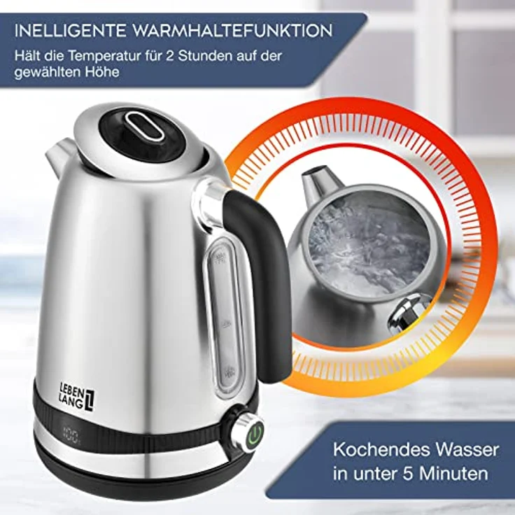 LEBENLANG Wasserkocher Edelstahl Temperatureinstellung – Leise, Temperaturanzeige & Warmhaltefunktion - 1,7 Liter & 2200W | Electric Kettle | Temperatur Edelstahl Wasserkocher Retro ohne Plastik – Bild 3