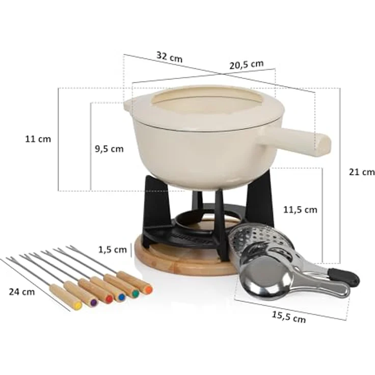 Mahlzeit Gusseisen Fondue Set für 6 Personen | 2 Liter | Fondueset 13 teilig mit Brenner und Gabeln | Fondue-Set, Käsefondue Set, Fleischfondue Set, Schokofondue Set (Creme emailliert) – Bild 3