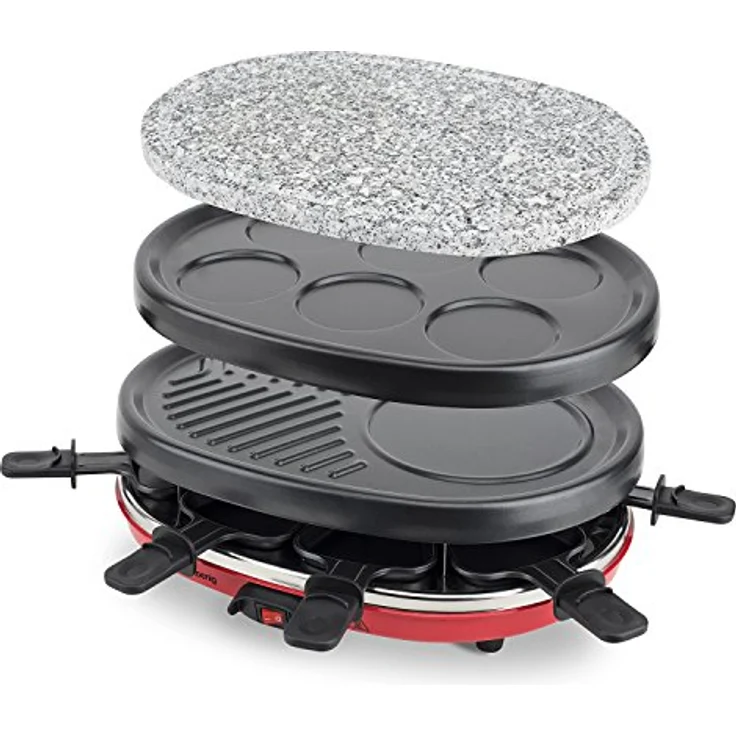 H.Koenig RP412 Raclette-Gerät 4 in 1 - 8 Personen - Raclette, Natursteingrill, Crepe-Platte und Grillplatte - mit 8 Pfännchen - 900 W - schwarz-rot – Bild 3