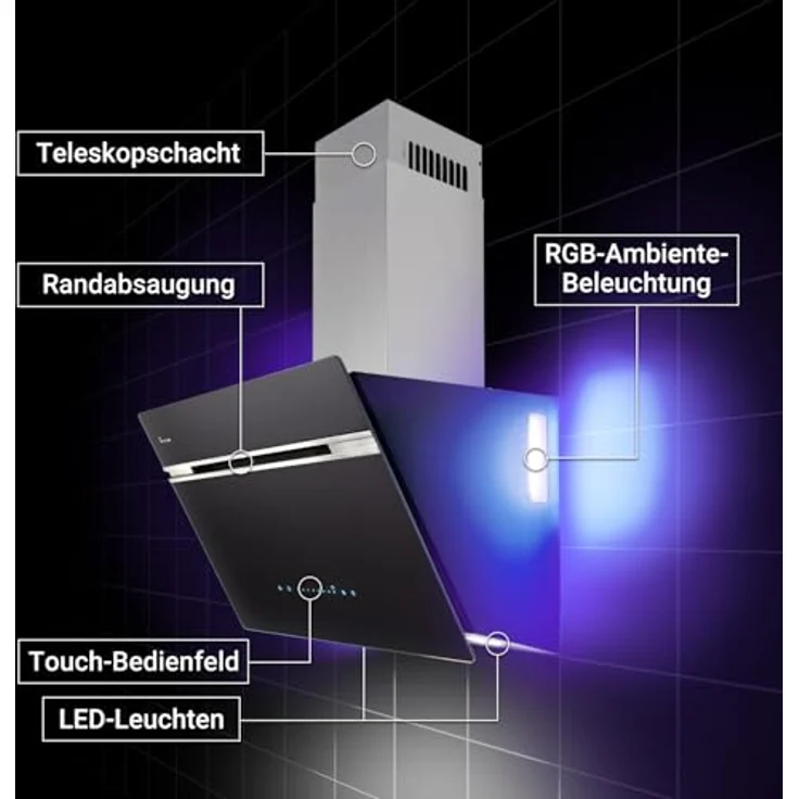 KKT KOLBE AURORA6005SE Dunstabzugshaube 60 cm, A+++ Energieeffizienz, 782 cbm/h, Kopffrei, Schwarz/Silber, Glas, WLAN, SensorTouch, RGBW LED, Nachlaufautomatik, Umluft/Abluft – Bild 4
