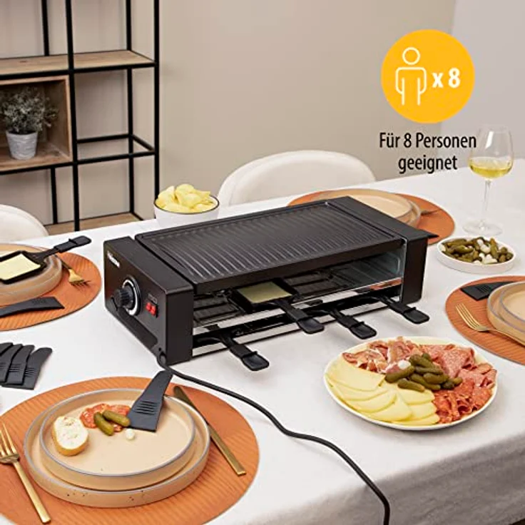 Tristar RA-2736 Multifunktionales Raclette- und Pizzagerät Einstellbarer Thermostat mit doppeltem Heizelement 43 x 23 cm Kochfläche für 8 Personen BPA-frei 1300 Watt, Schwarz – Bild 2