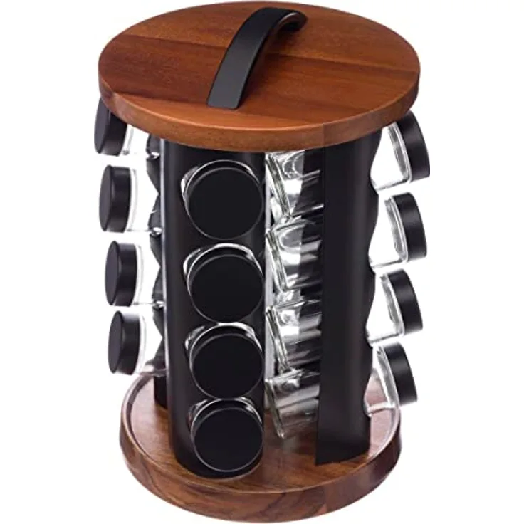 5 five simply smart Topfgewürze x16 Drehakazie, 16 Stück Secret de Gourmet Gewürzgläser, drehbarer Ständer aus Akazie, Modell Schwarz