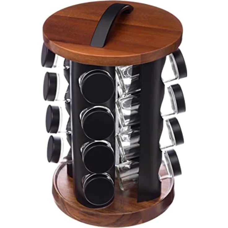 5 five simply smart Topfgewürze x16 Drehakazie, 16 Stück Secret de Gourmet Gewürzgläser, drehbarer Ständer aus Akazie, Modell Schwarz – Bild 1