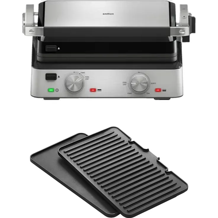 Braun Multigrill 7 CG 7010 Kontaktgrill inkl. Grill- und Flachplatte, Grillpositionen: Kontakt, BBQ, Ofen, Spülmaschinenfeste Platten, Fettauffangschale, 230° Höchsttemperatur, 2000 W, Schwarz/Edelstahl